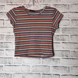 Forever 21 White‎ and Brown Cap Sleeve Crop Top sz S striped multicolor 13.5 ptp